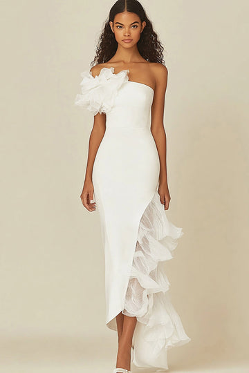 One Shoulder Sheath White Graduation Dress with Ruffles